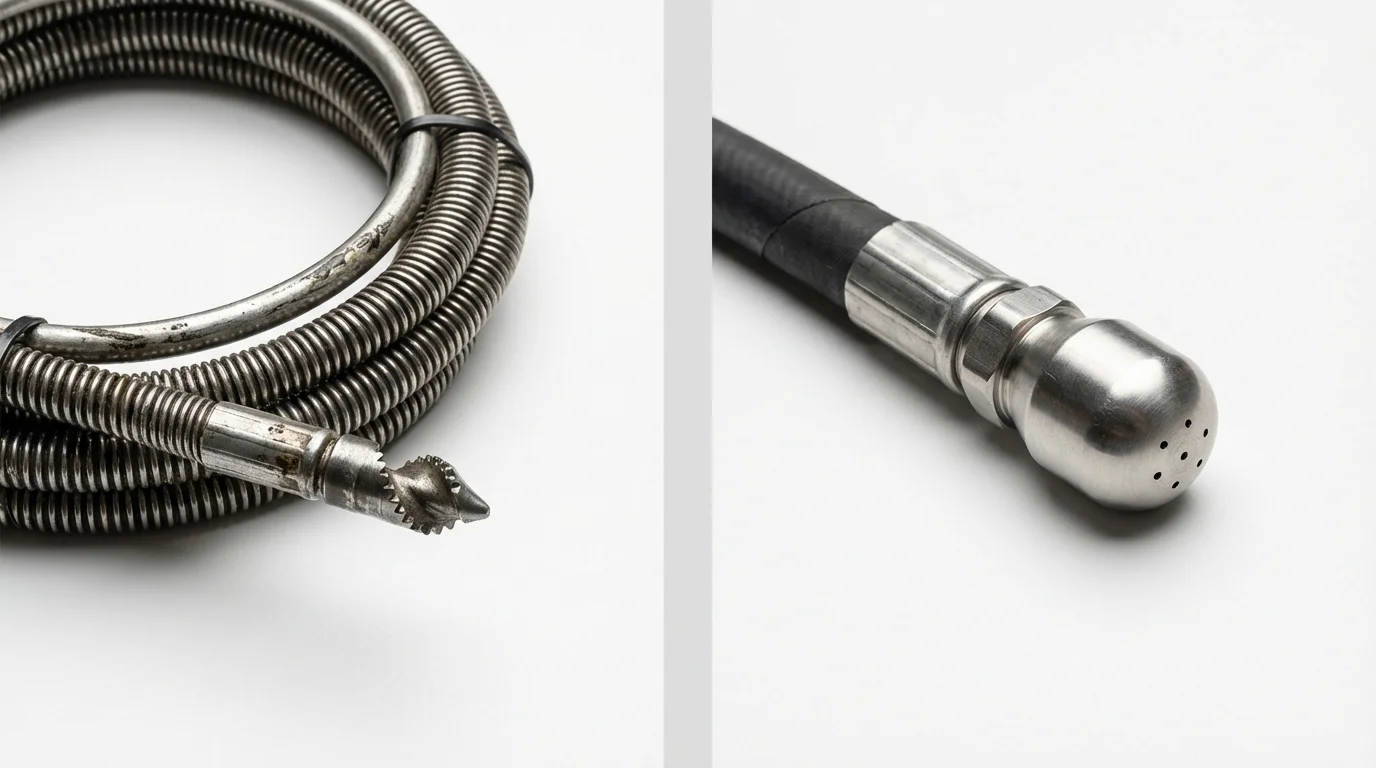 Drain snake cable and hydro jetting nozzle used for drain cleaning in Pownal, VT