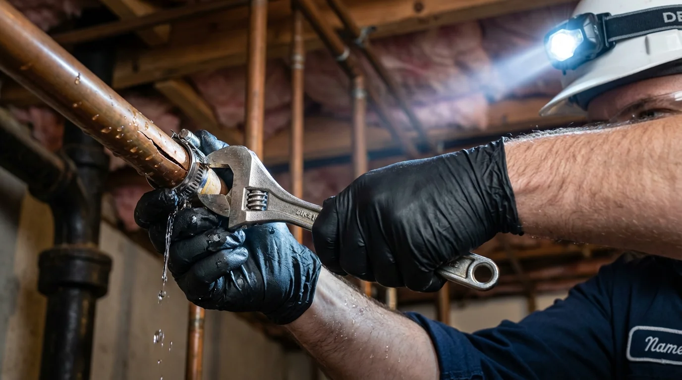 Emergency pipe clamp repair being performed by a Johns Plumbing LLC plumber in Pownal