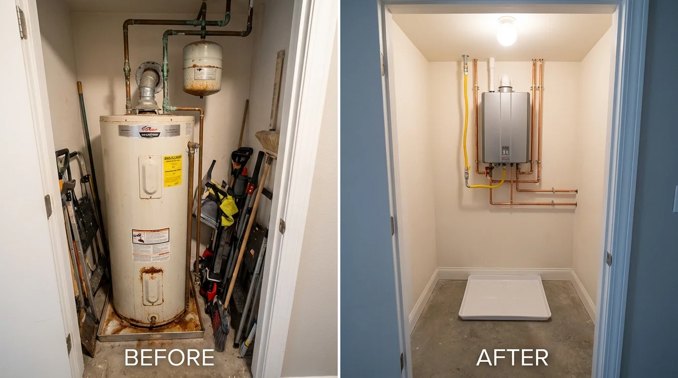 Tank water heater versus wall-mounted tankless unit comparison for Pownal, VT homeowners