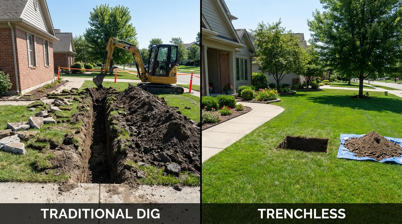 Trenchless sewer repair with minimal yard damage versus traditional excavation in Pownal, VT