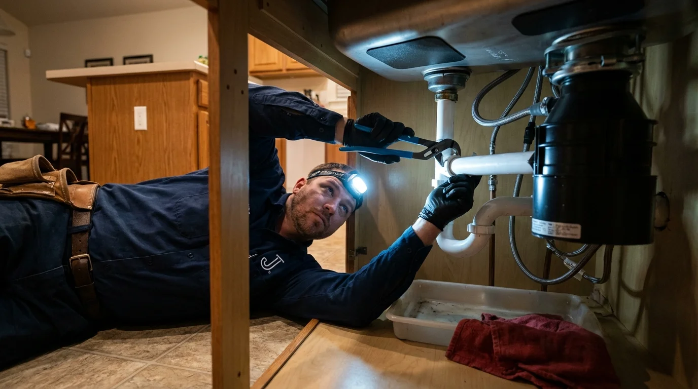 P-trap and supply line connections under a kitchen sink showing a common leak point in Pownal, VT